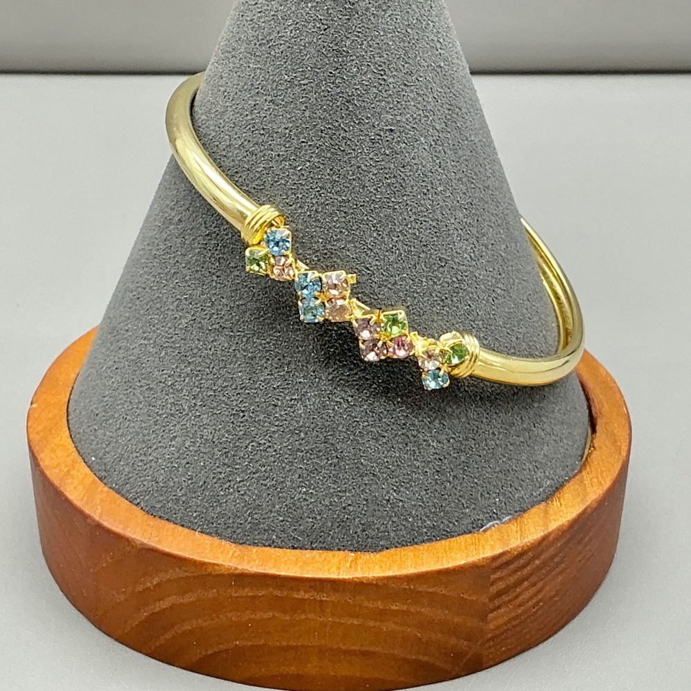 Bangle Bracelet Women Gold Multi-Color Rhinestone Cluster Hook Clasp 6.75 Inch